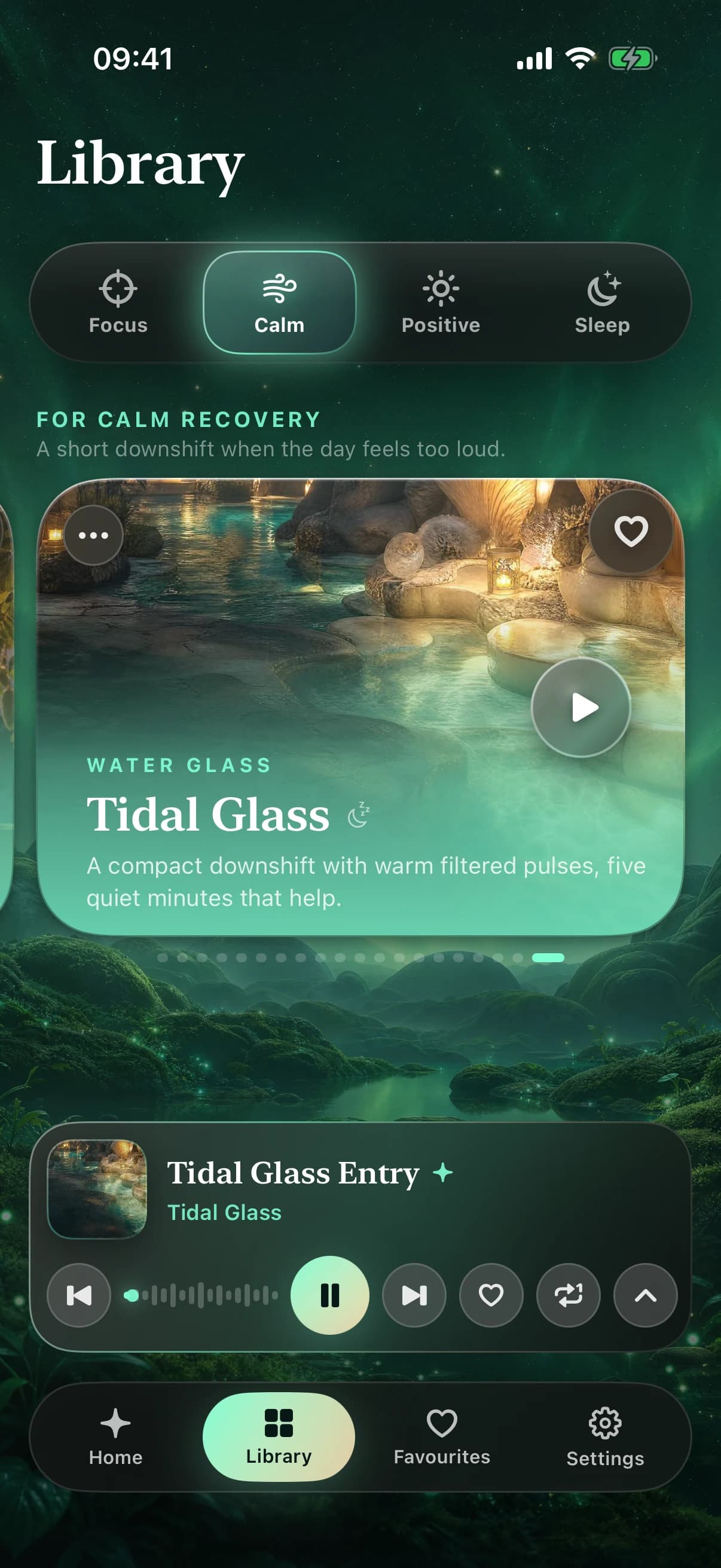 LumenDrift Library on iPhone, showing Calm Recovery, Tidal Glass, and the active mini player.