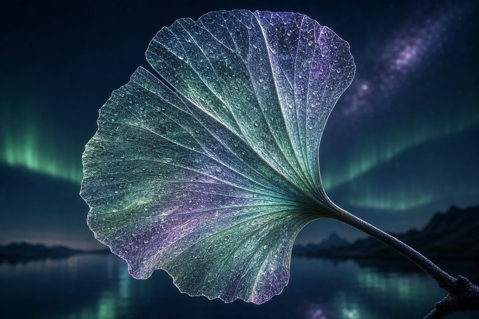 The delicate, luminous veins of a translucent green leaf beneath a sky of stars.